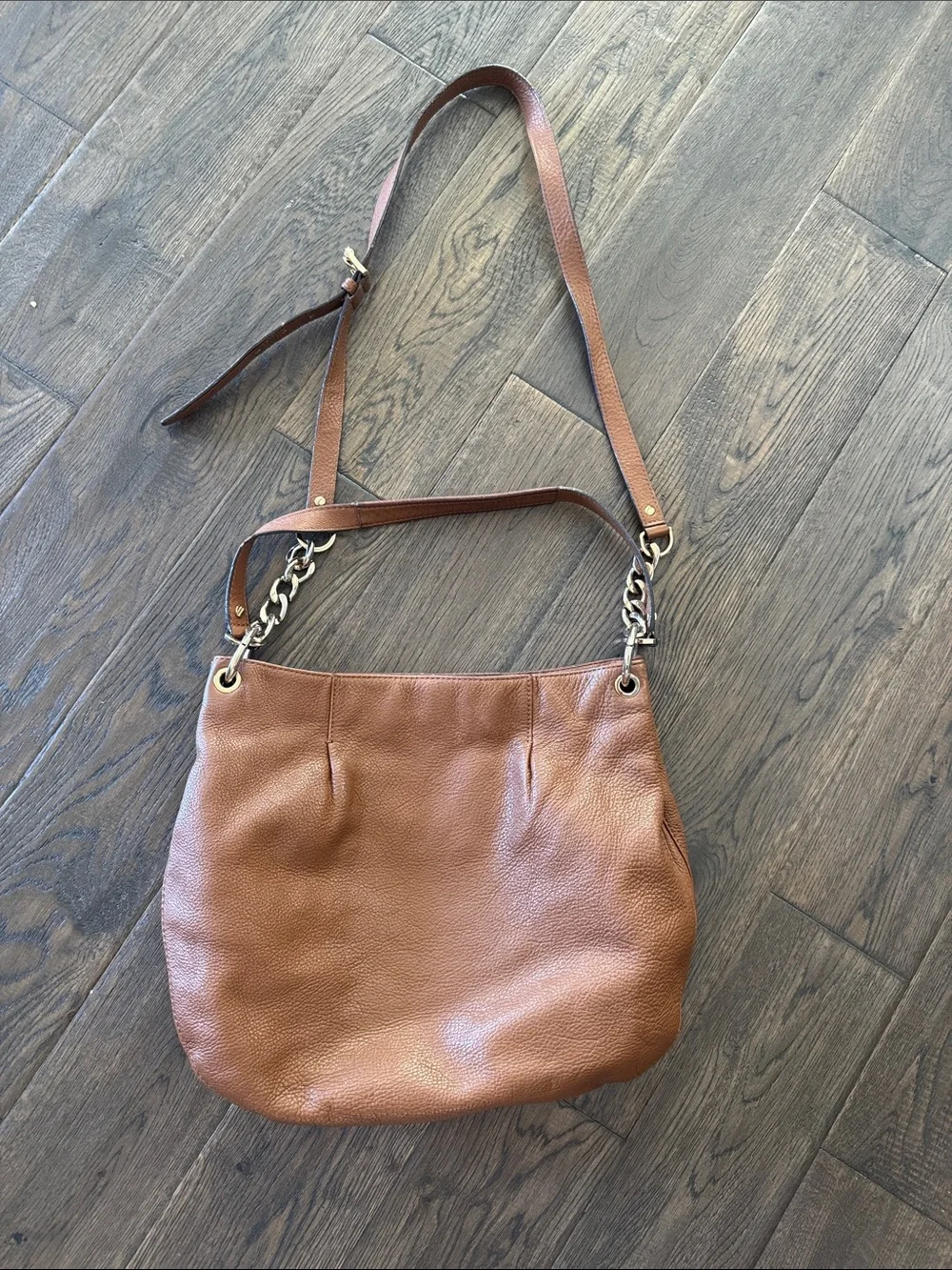 Michael Kors Brown Pebbled Leather Chain-Accent Shoulder Bag